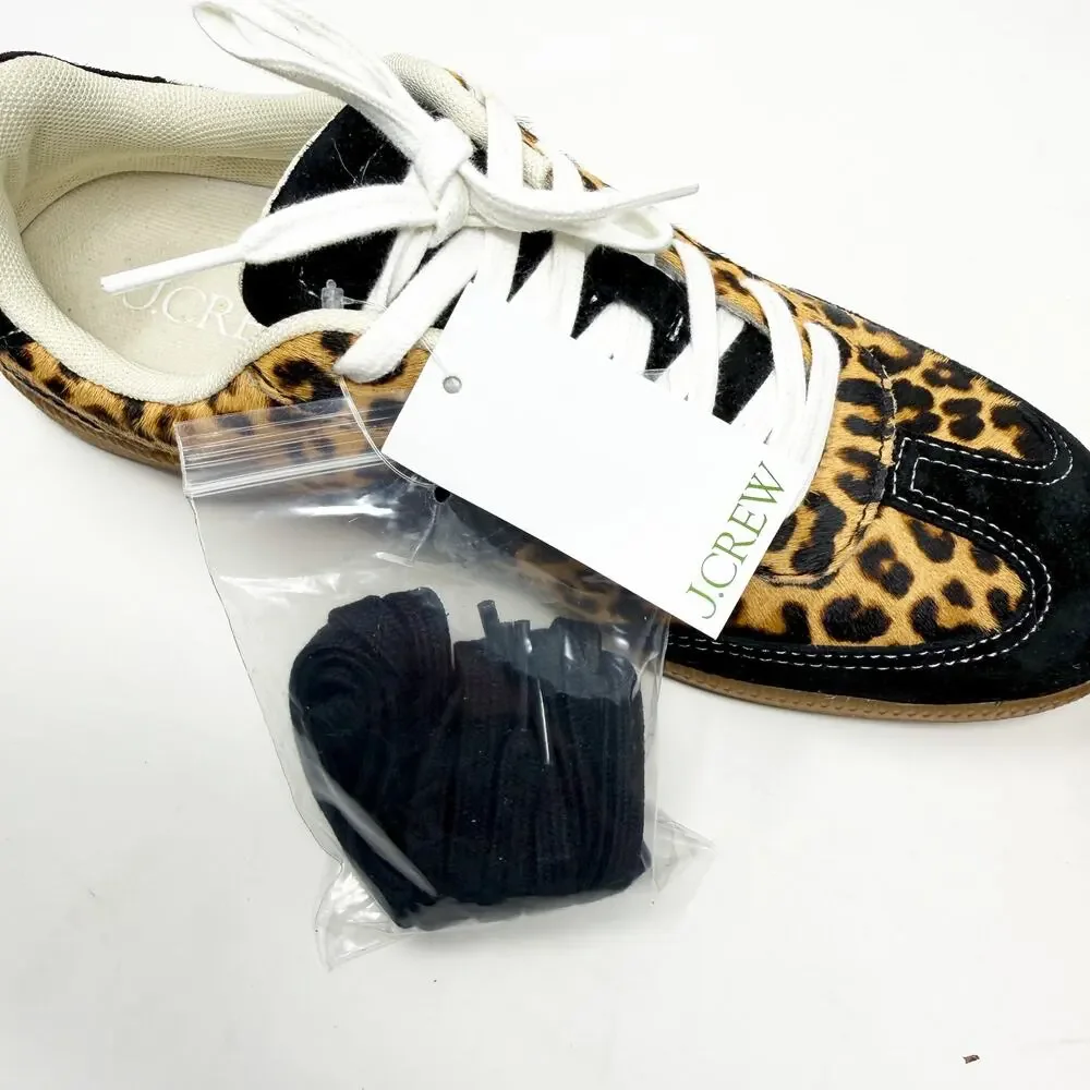 NWT J. Crew Black/Tan Calf Hair Leopard Print Casual Sneakers Women's 7 Lace Up